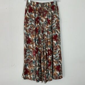 🌞 Koret vintage boho tan blue maroon floral leaf design gauchos, culattes 10